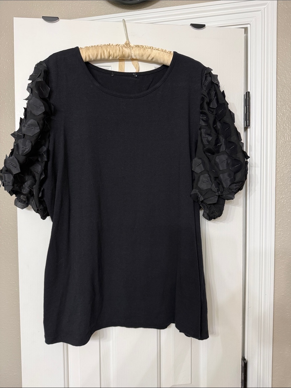 Black Puff Sleeve Top with Textured Petal Sleeves